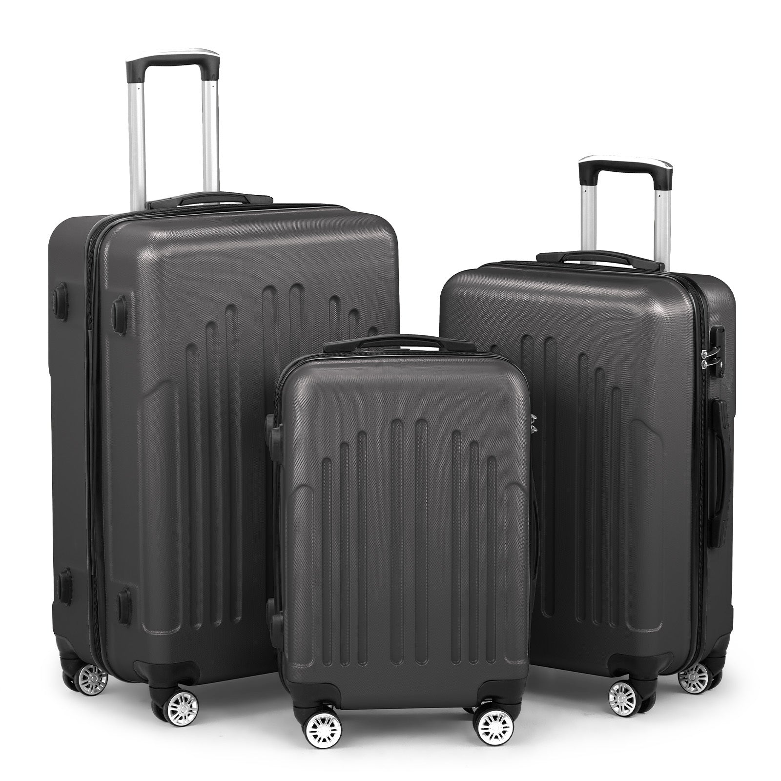 Set of three black suitcases of different sizes on a white background