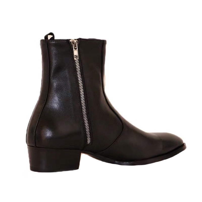 Black ankle boot with a zipper on a white background
