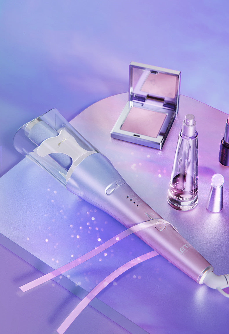 Beauty tool with cosmetic items on a gradient purple background