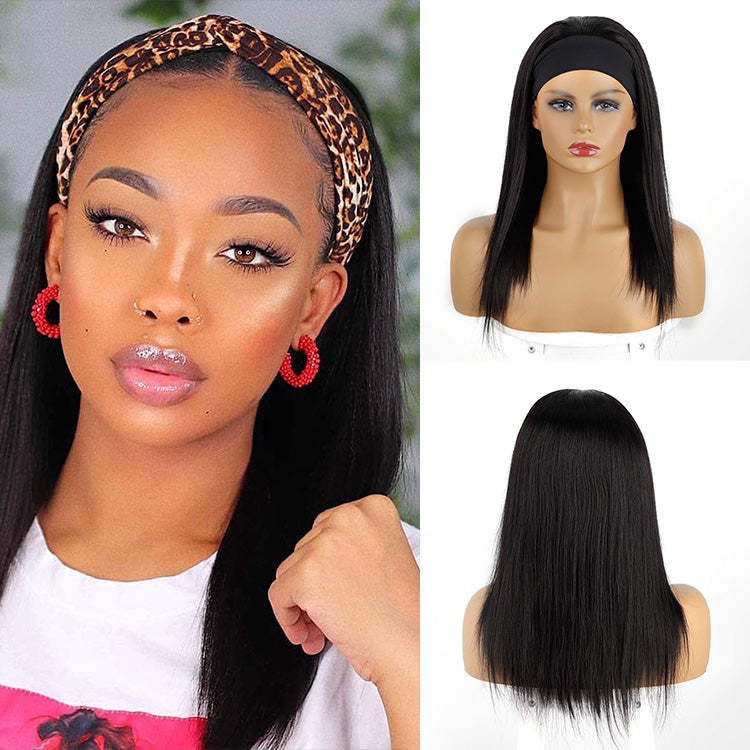 Woman with a leopard print headband and a mannequin displaying a wig on a white background