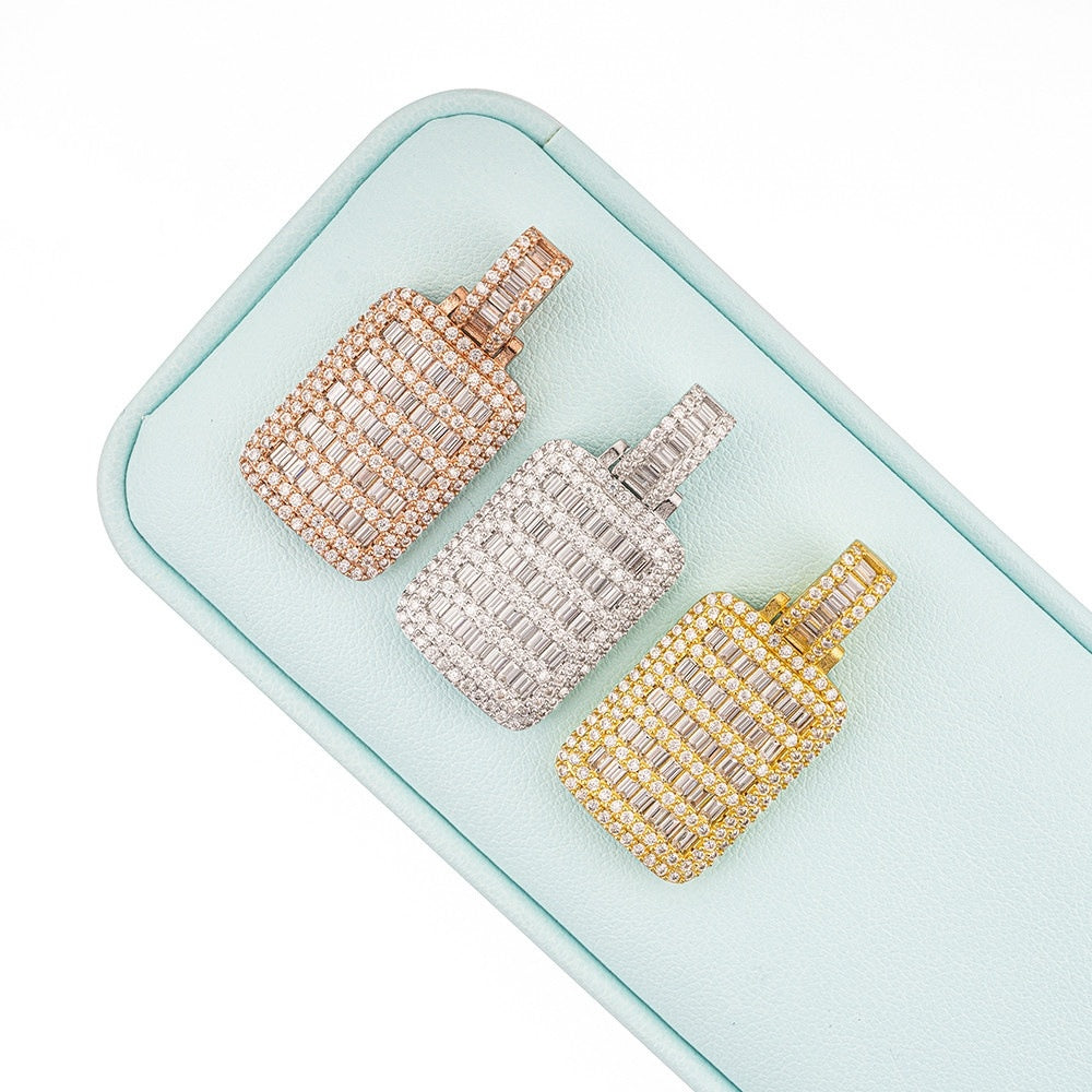 Set of three decorative bottles on a light blue stand with a white background