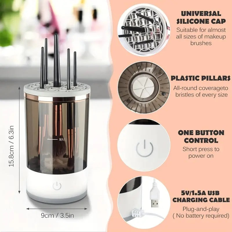 Makeup brush cleaner with features highlighted on a pink background