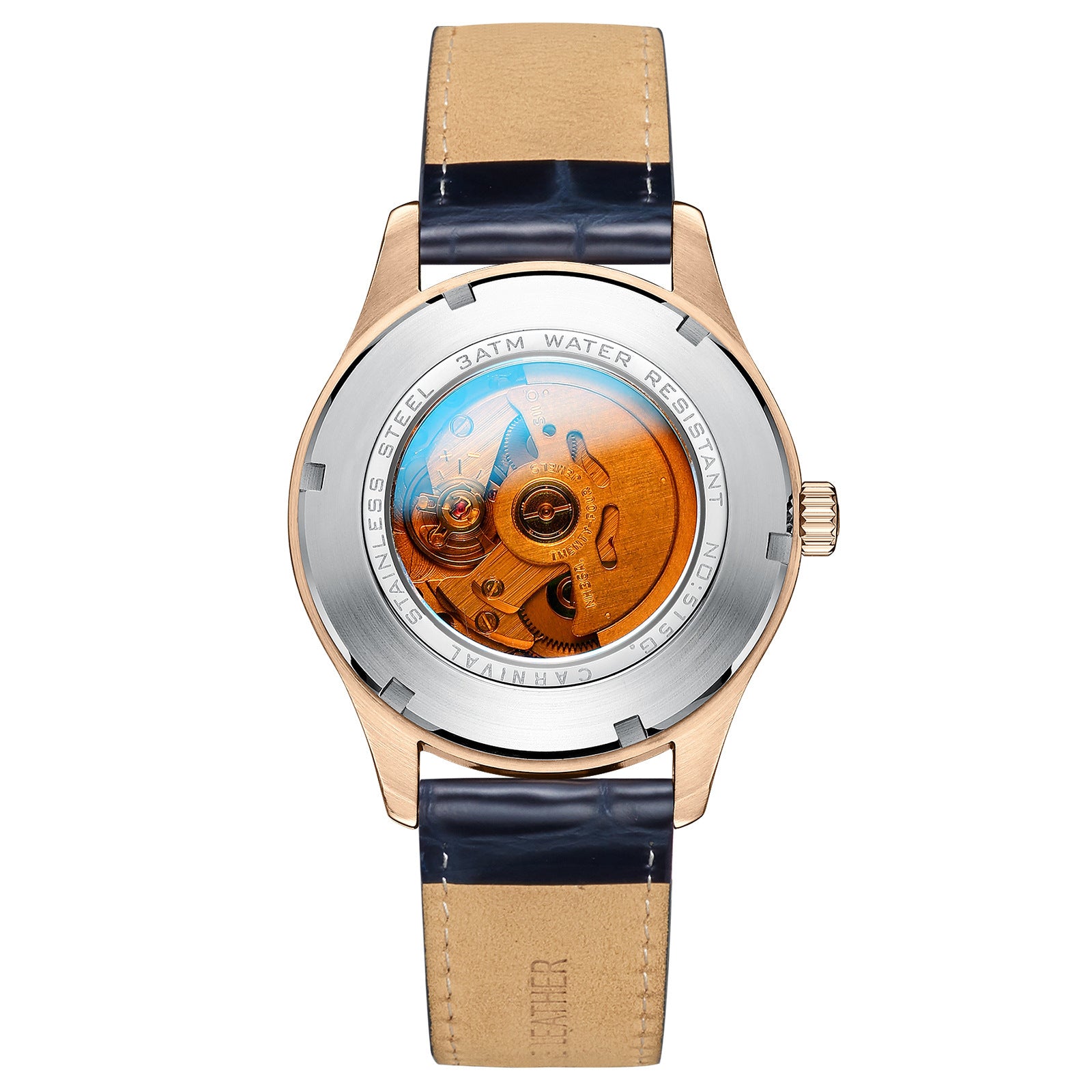 Watch with a beige strap and visible mechanical components on a white background