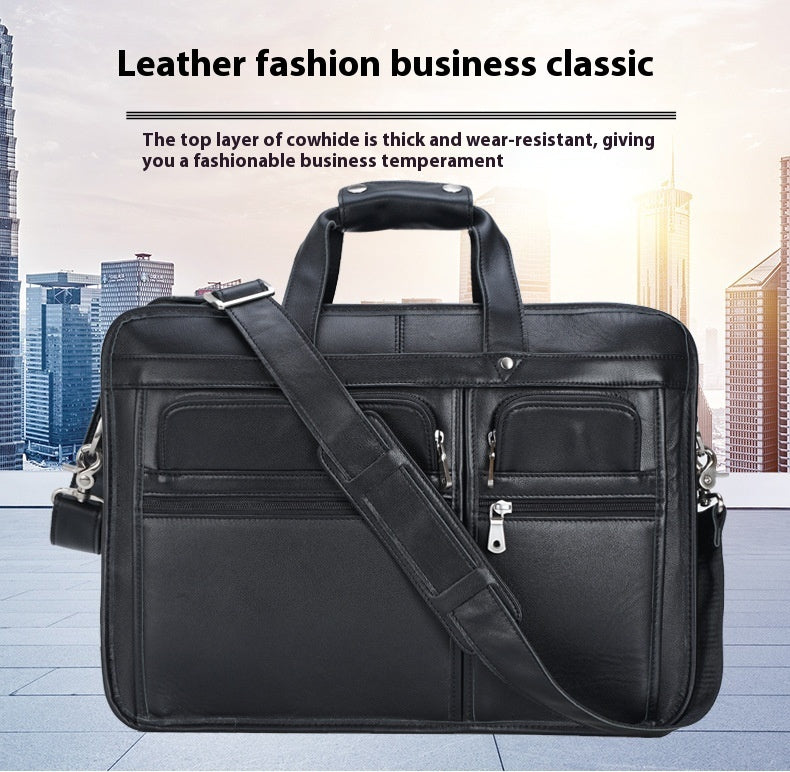 Black leather briefcase with cityscape background