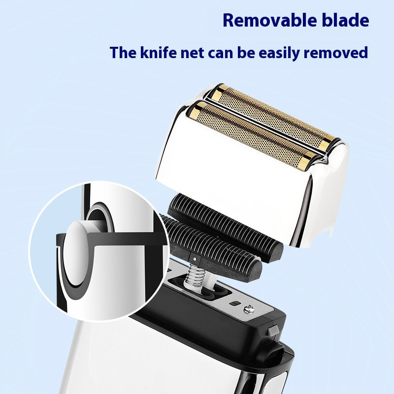 Shaver with removable blade mechanism on a light blue background