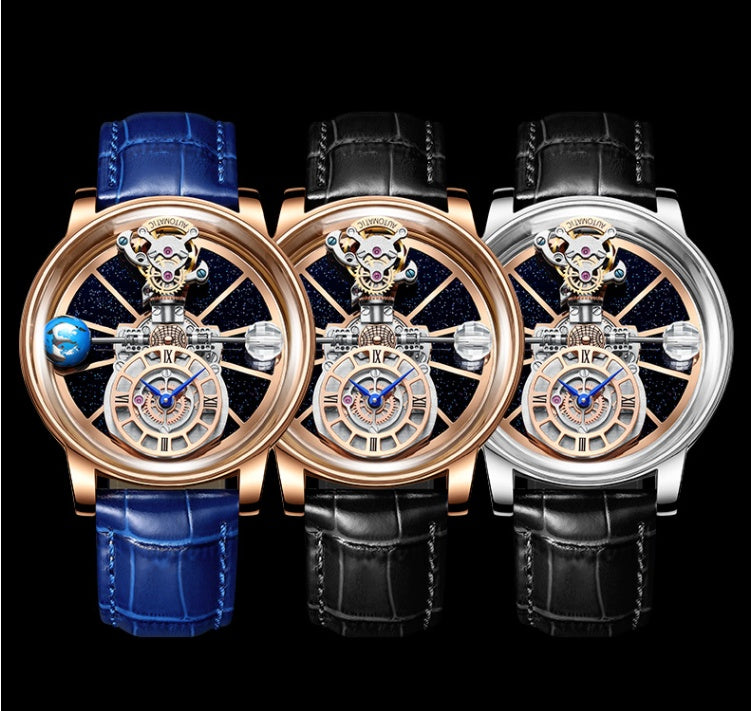 Three luxury watches with intricate designs on a black background