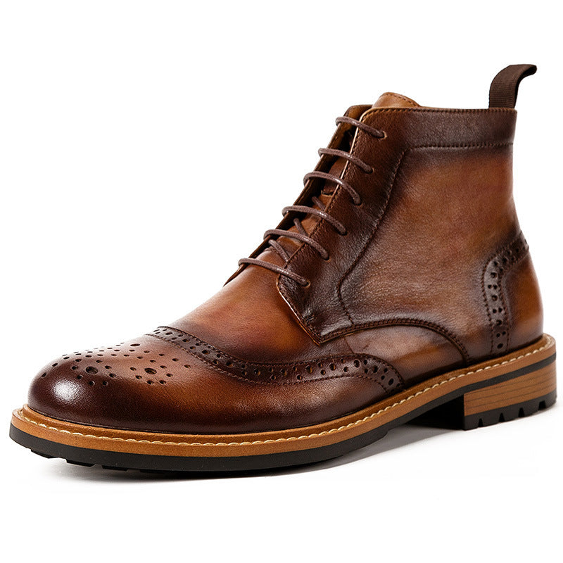 Brown leather brogue shoe on a white background
