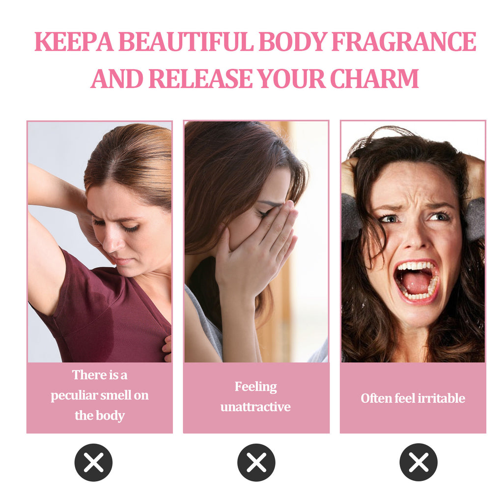 Three women experiencing body odor issues with text about fragrance and charm.