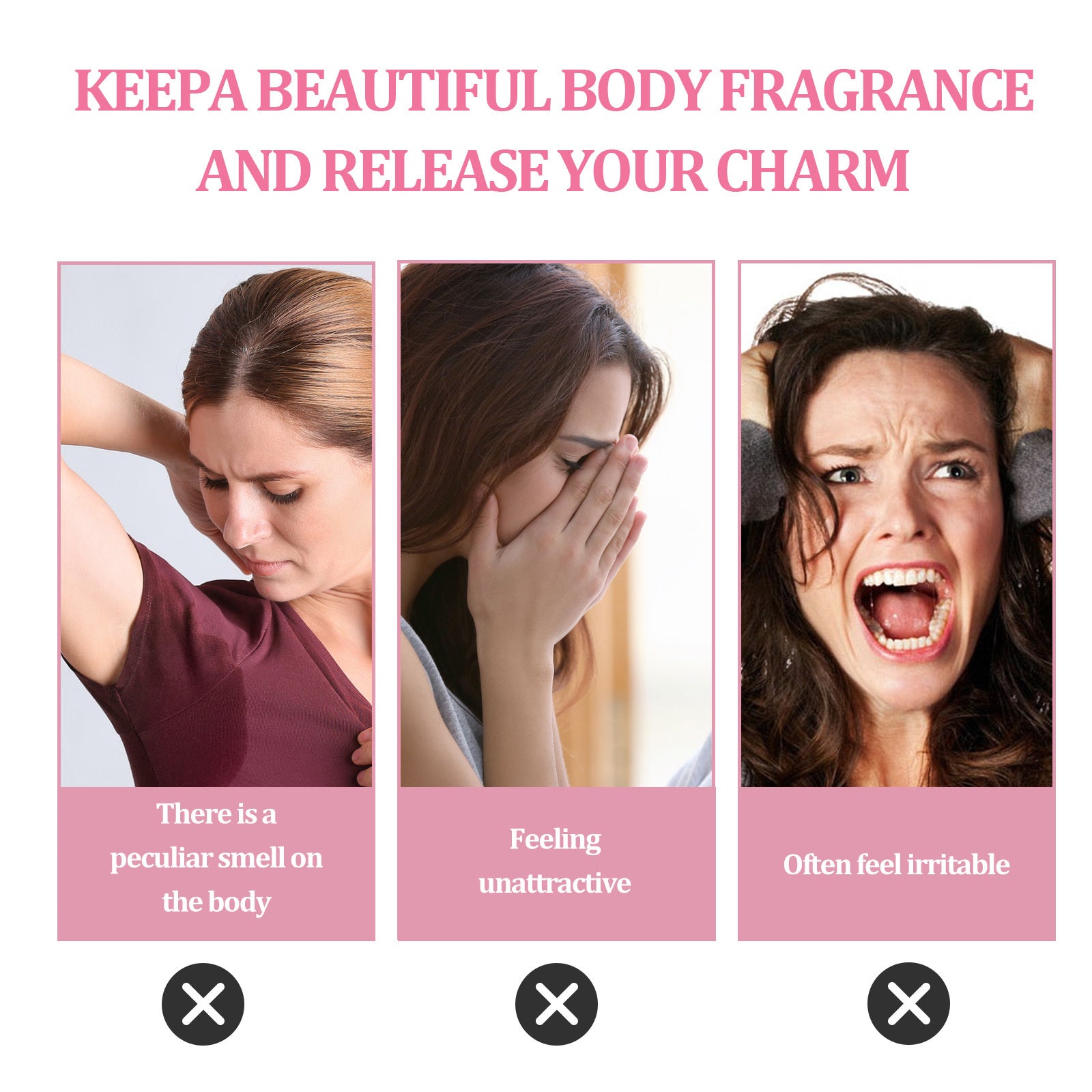 Three women experiencing body odor issues with text about fragrance and charm.