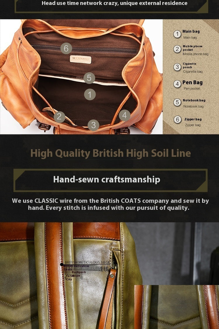 Brown leather bag with detailed features and text about high-quality craftsmanship.