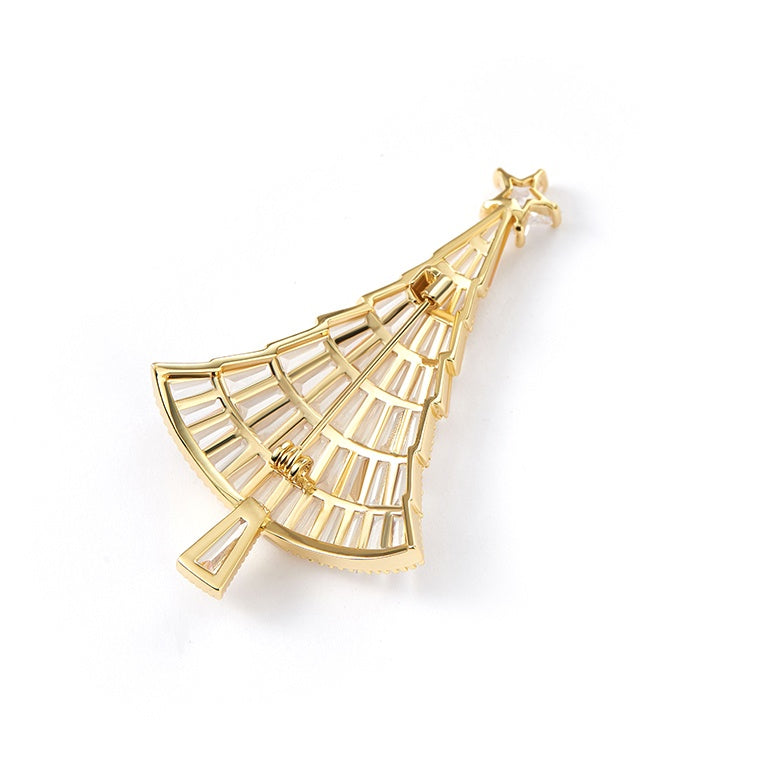 Gold fan-shaped earring on a white background