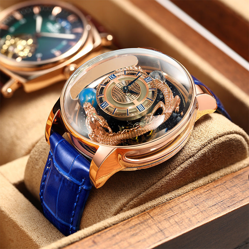 Luxury watch with blue strap and gold case on a wooden surface