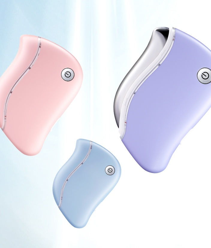 Three small electronic devices in pink, blue, and purple on a light blue background