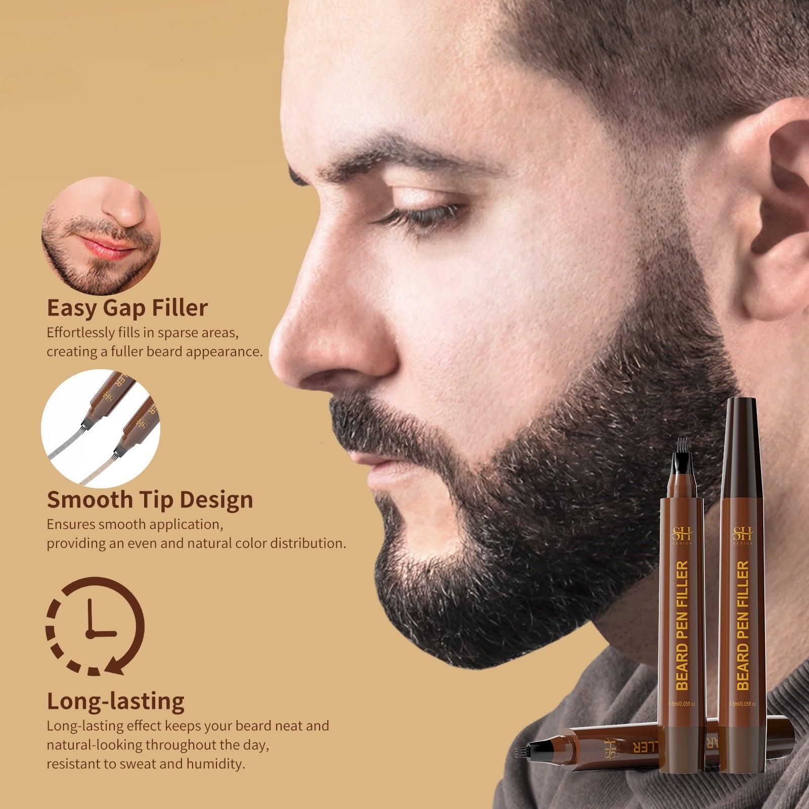 Beard filler product with a man's face and features highlighted on a beige background