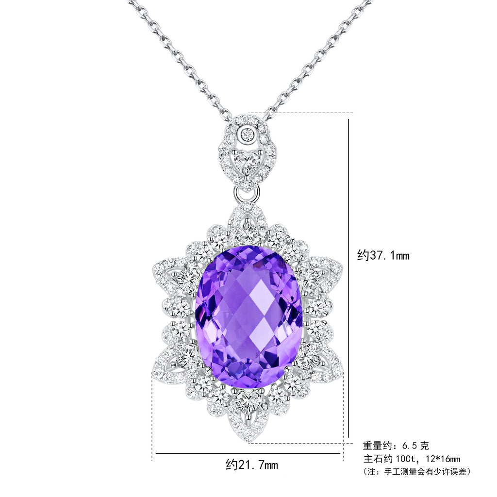 Purple gemstone pendant with chain on a white background