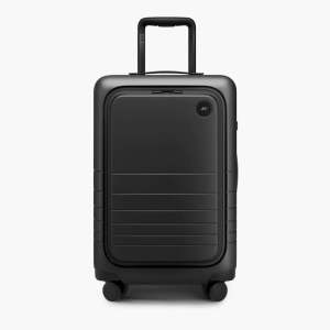 Black suitcase with wheels on a white background