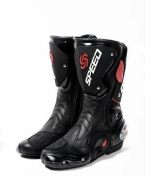 Black motorcycle boots with 'SPEED' branding on a white background