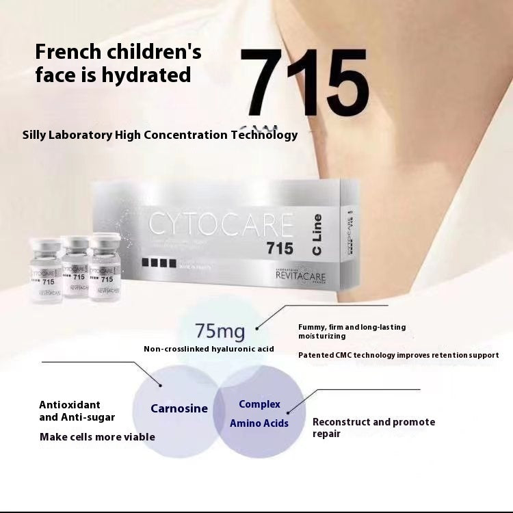 Advertisement for Cytocare 715 skincare product with text about hydration and ingredients.