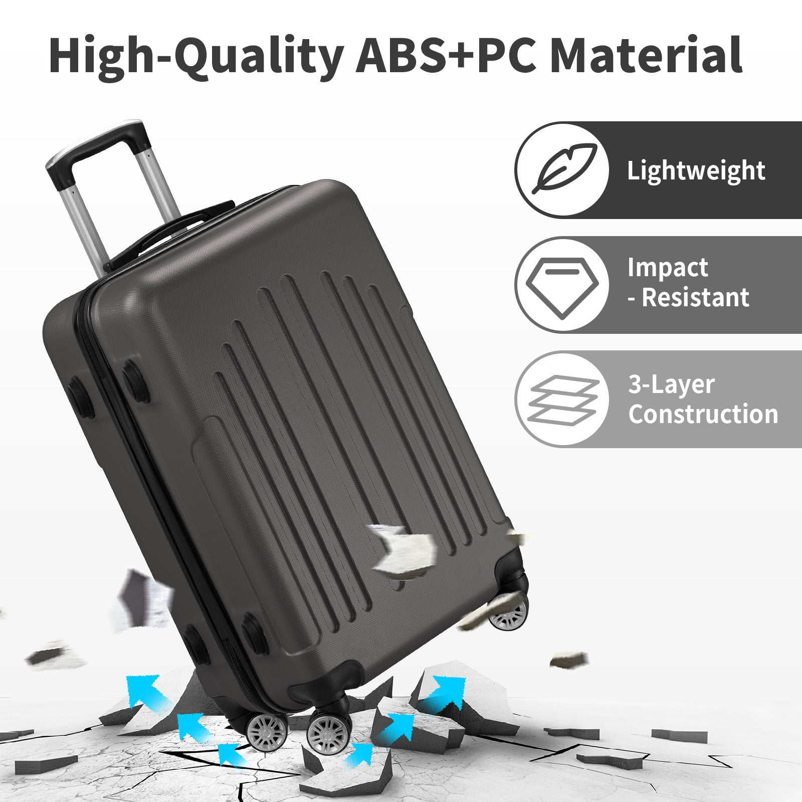 Black suitcase with features highlighted on a white background
