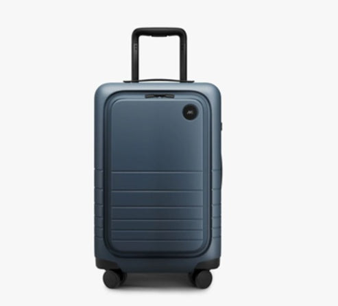 Blue suitcase with a black handle on a white background
