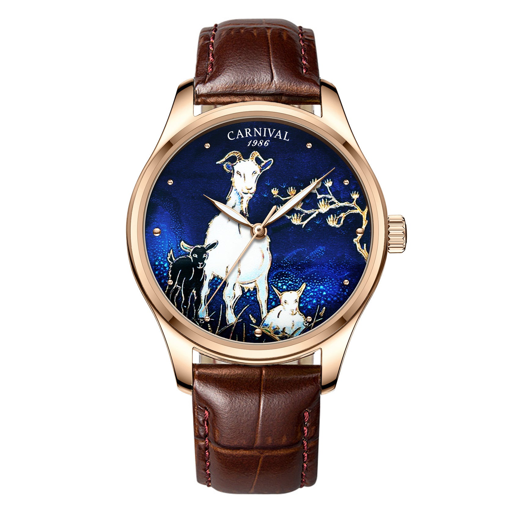Watch with a brown leather strap and a decorative face featuring goats, branded 'Carnival'.