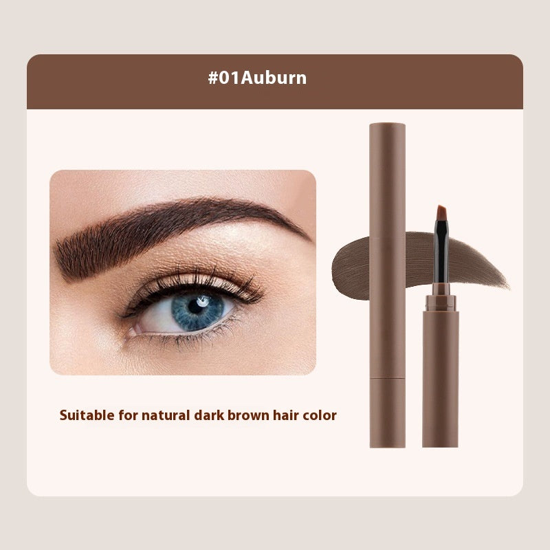Eyebrow pencil with a close-up of an eye and eyebrow, labeled '#01 Auburn' and 'Suitable for natural dark brown hair color'.