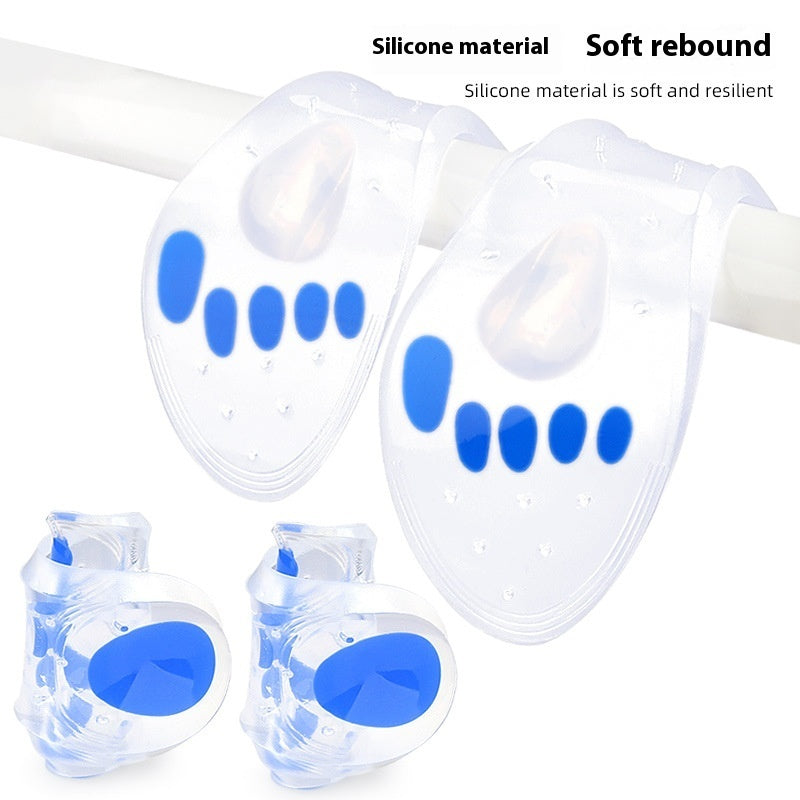 Silicone earbud tips with blue accents on a white background, labeled 'Silicone material' and 'Soft rebound'.