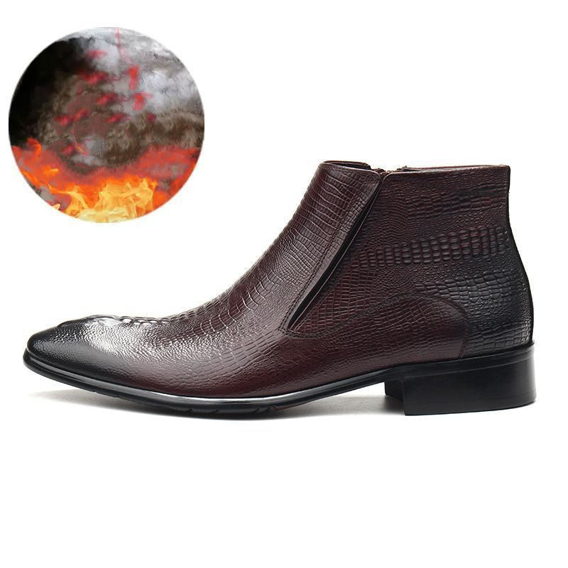 Brown leather ankle boot with a close-up inset of flames on a white background