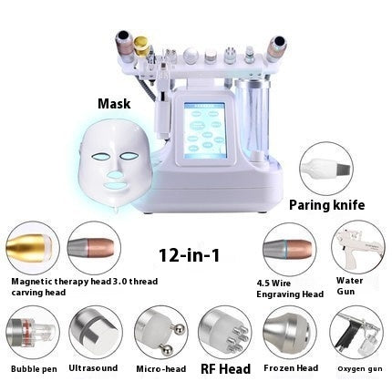 Facial beauty device with various attachments on a white background