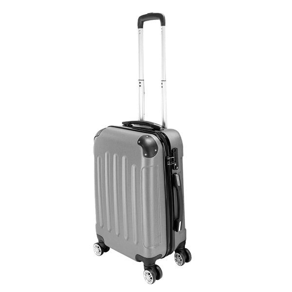 Silver suitcase with a black handle on a white background