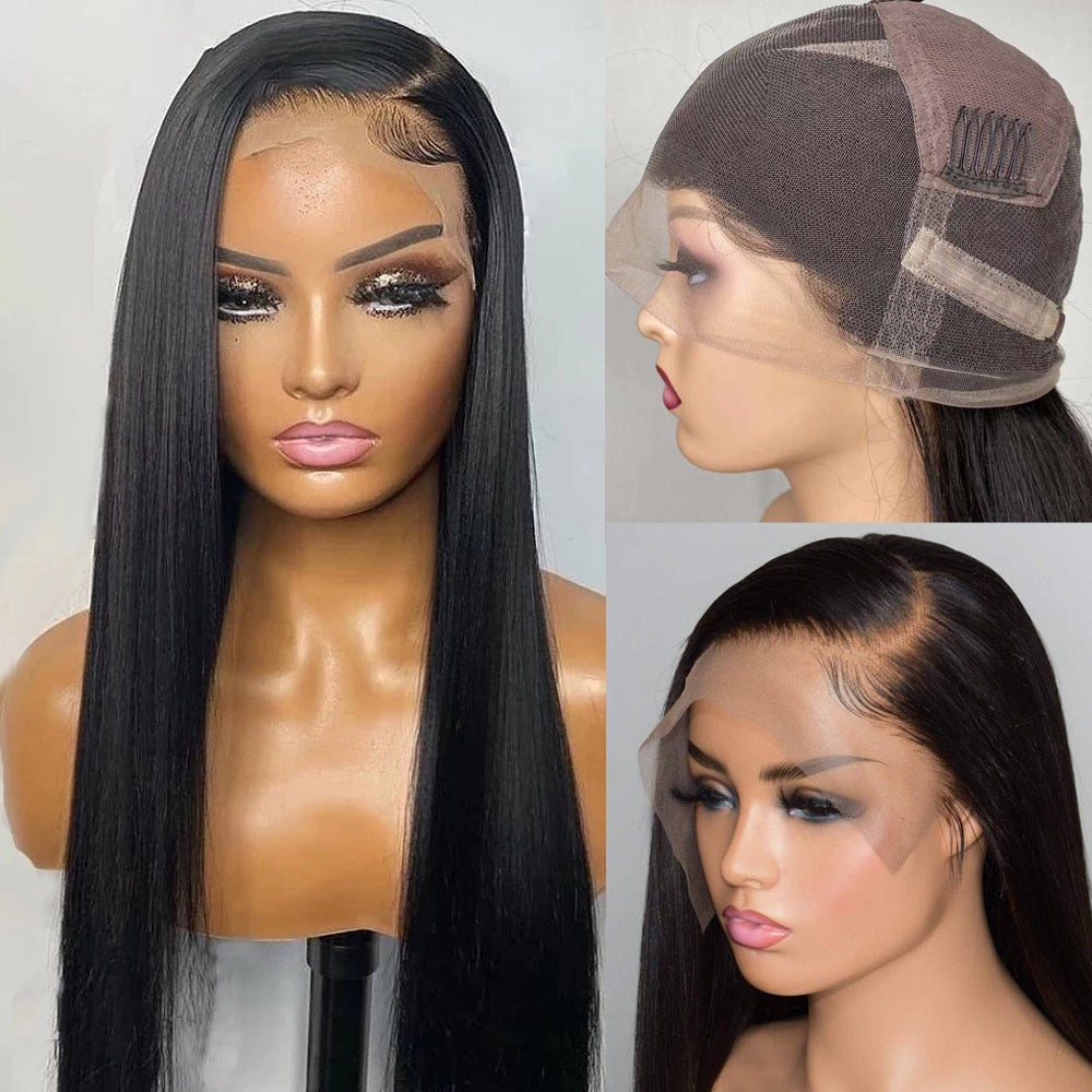 Black lace front wig on a mannequin head with side views showing the mesh and hairline.