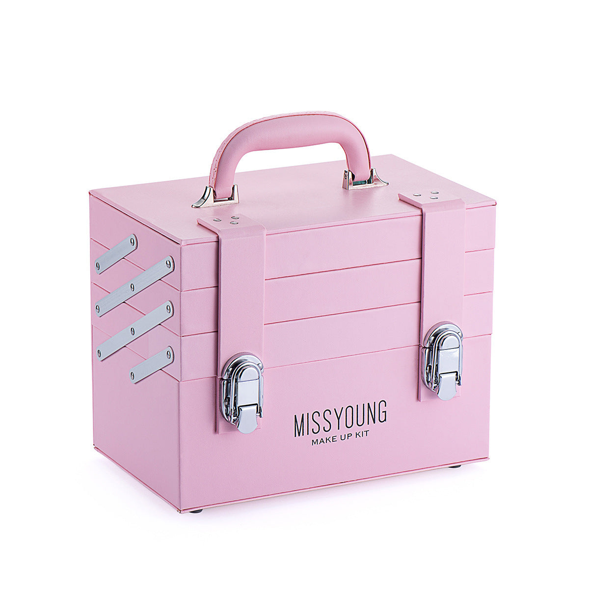 Pink makeup box with 'MISSYOUNG' branding on a white background