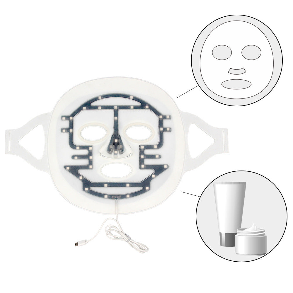 Facial mask with LED lights and a close-up of a face on a white background