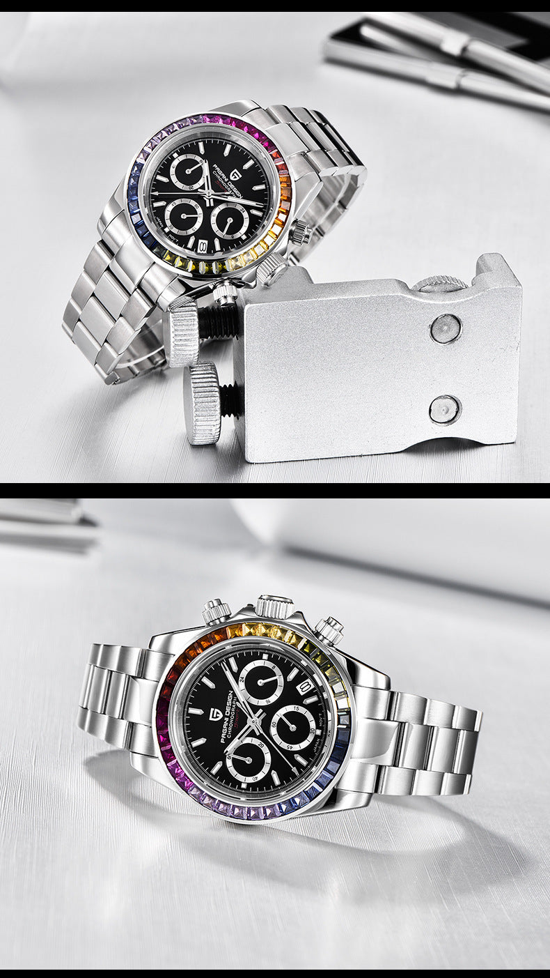 Two views of a silver watch with a detailed face on a white background