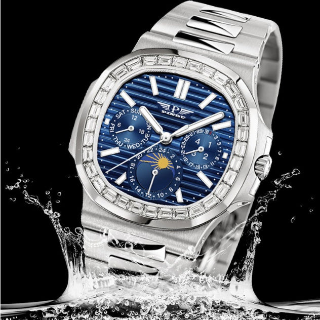 Luxury watch with a blue face and diamond-studded case on a black background