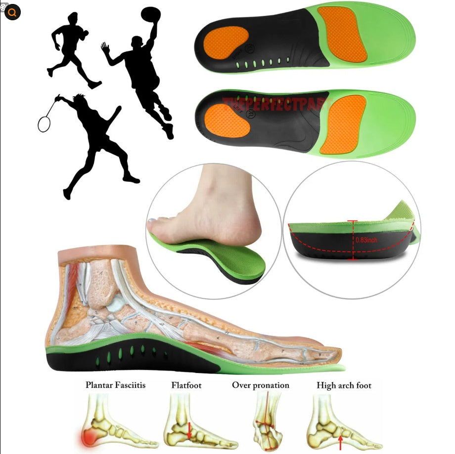 Ergonomic shoe insoles with anatomical foot diagram and sports illustrations on a white background