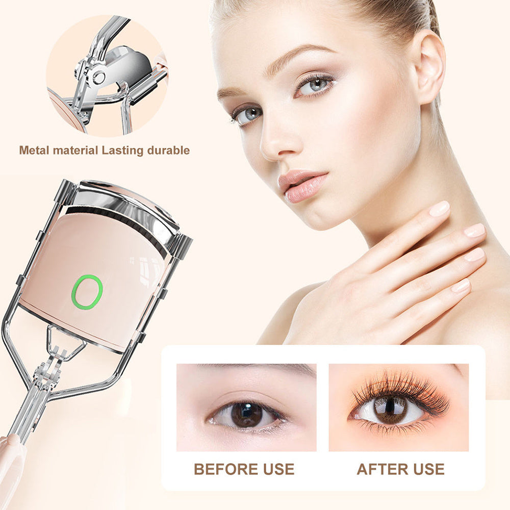 Eyelash curler with before and after use comparison on a woman's face.