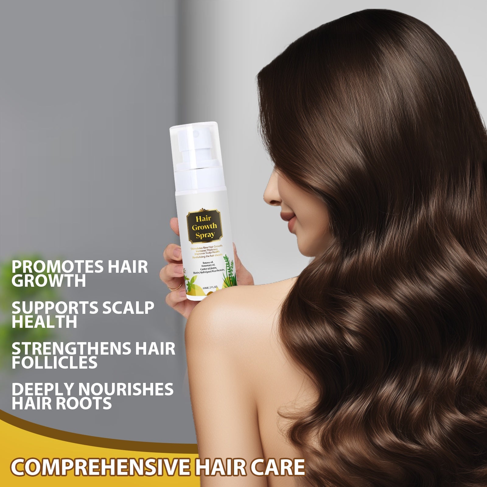 Woman with long brown hair holding a hair growth spray bottle against a neutral background