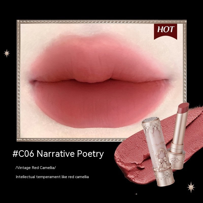 Close-up of lips with two lipsticks and a decorative frame, featuring the color '#C06 Narrative Poetry'.