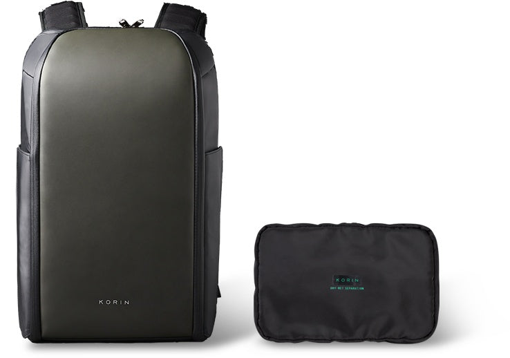 Black backpack and travel pouch with 'KORIN' branding on a white background