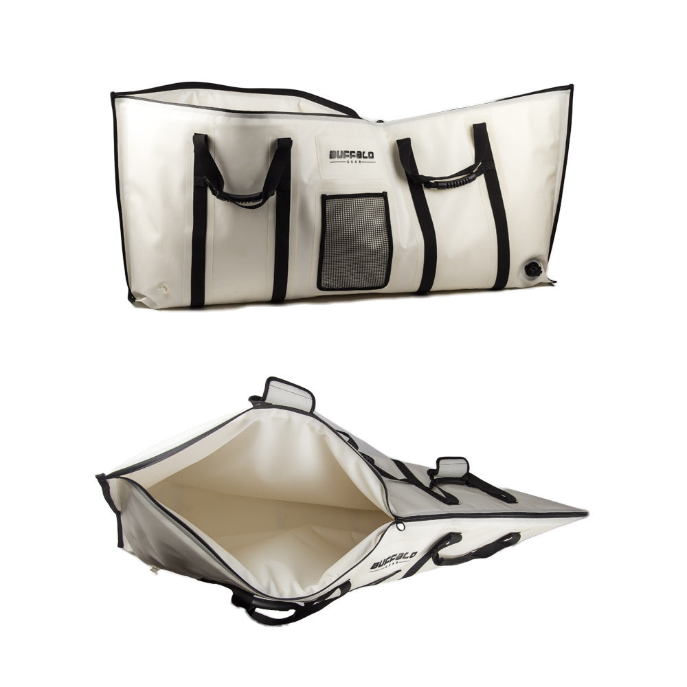 White pet carrier with black straps on a white background