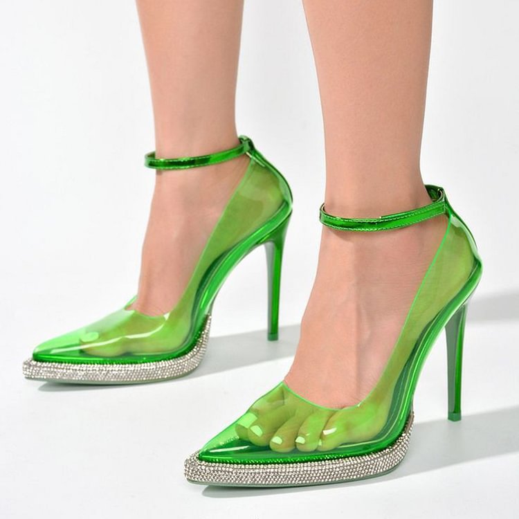 Green high-heeled shoes with clear transparent design on a white background
