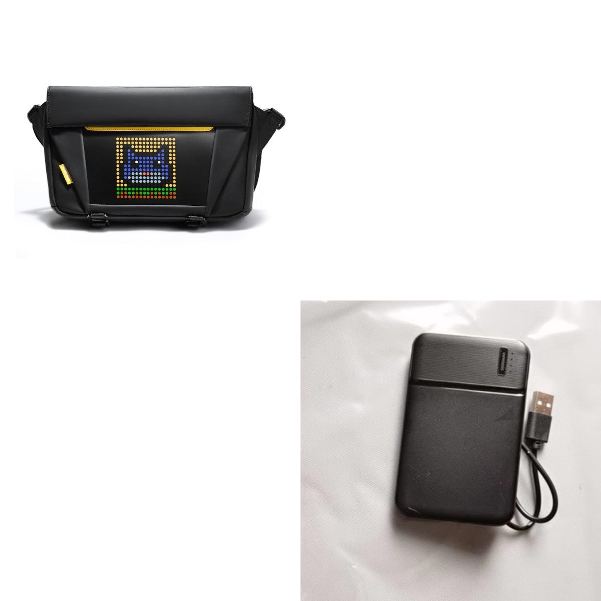 Black digital display bag with colorful screen and black power bank on white background