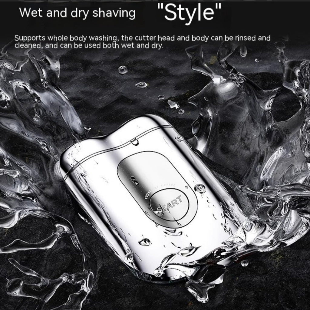Shaving device submerged in water with text about wet and dry shaving.