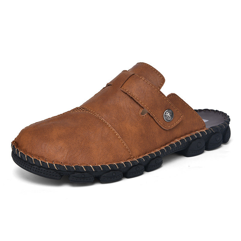 Brown slip-on shoe with black sole on a white background