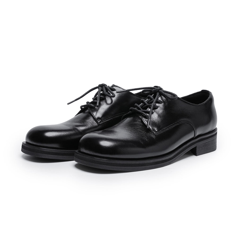 Pair of black leather dress shoes on a white background