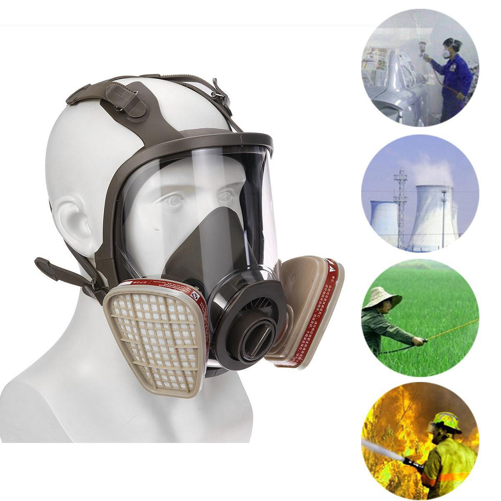 Full-face safety mask with helmet on a mannequin head, surrounded by应用场景 images.