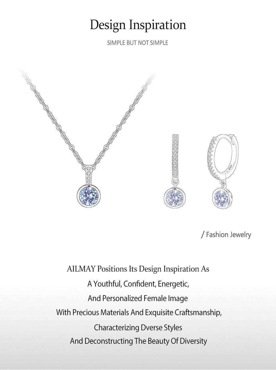 Silver jewelry set with a necklace, earrings, and pendant on a white background.