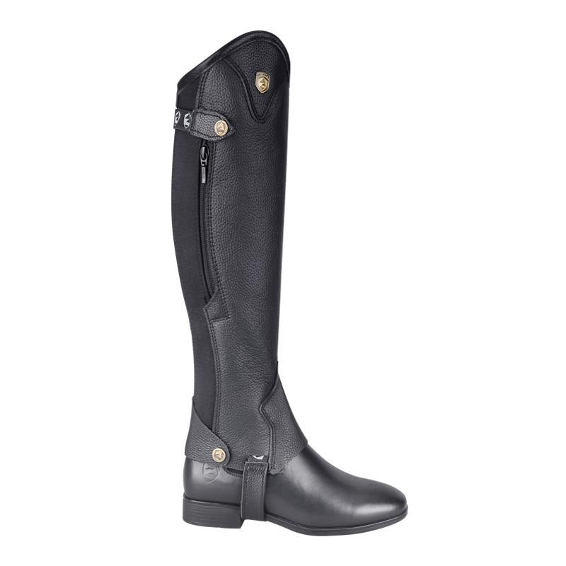 Black riding boot with a visible brand logo on a white background