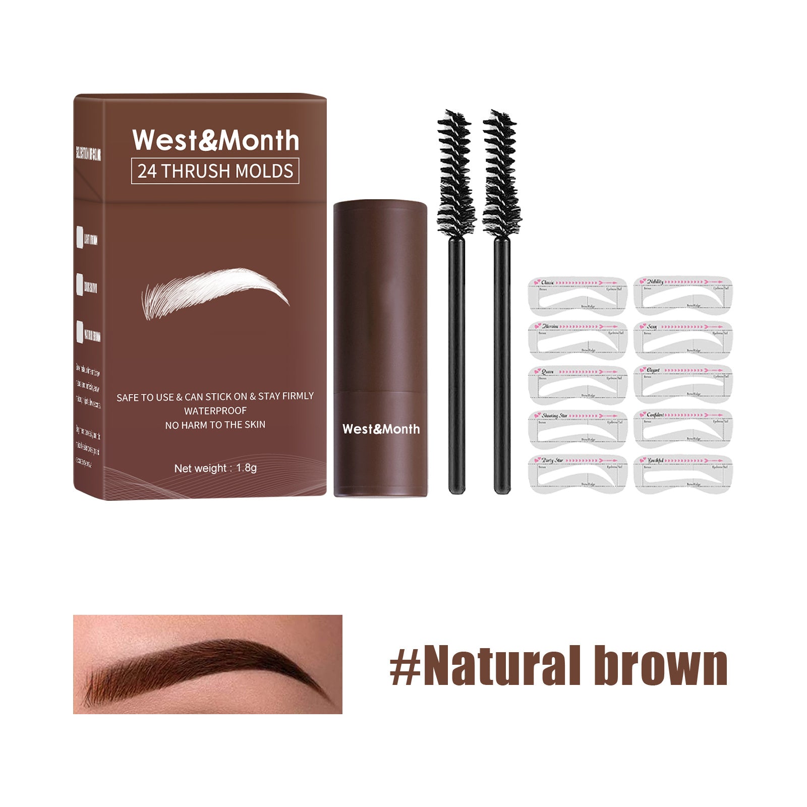 West&Month eyebrow product set with packaging, applicators, and clips on a white background.